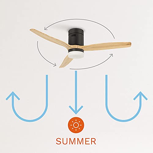 Create - Windcalm Ceiling Fan with Light, Natural Wood, Black, Remote Control, Summer-Winter Mode, 6 Speeds, 3 Light Temperatures, Timer, 40W, Ø132 cm