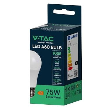 V-TAC E27 Dimmable LED Bulbs, 10.5W, 1055 Lumen, GLS, IP20 Rated, 3000K Warm White Light - Energy Efficient