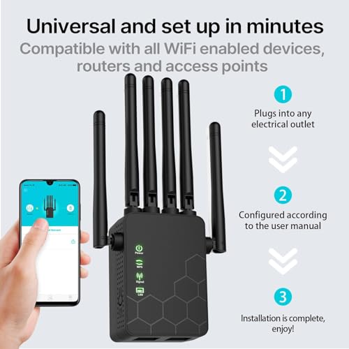 Long Range WiFi Extender Signal Booster - Covers Up to 11000 sq.ft, Supports 35+ Devices, 6 Antennas for 360° Full Coverage, Ethernet Port, Wireless Standard 802