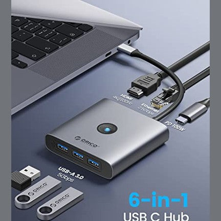 ORICO - 6-in-1 USB C Hub with 2.5G Ethernet, 3 USB-A Ports, 4K HDMI, 100W PD Charging