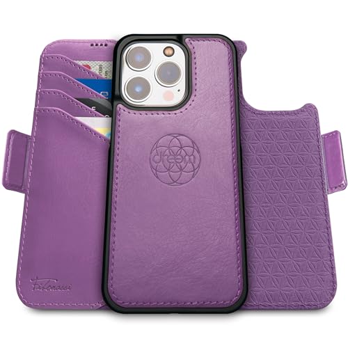 Purple Dreem Fibonacci wallet case for iPhone 15 Pro Max featuring a 2-in-1 shockproof design, detachable vegan leather folio, MagSafe compatibility, and RFID protection.