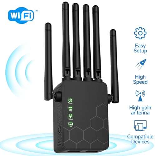 Long Range WiFi Extender Signal Booster - Covers Up to 11000 sq.ft, Supports 35+ Devices, 6 Antennas for 360° Full Coverage, Ethernet Port, Wireless Standard 802