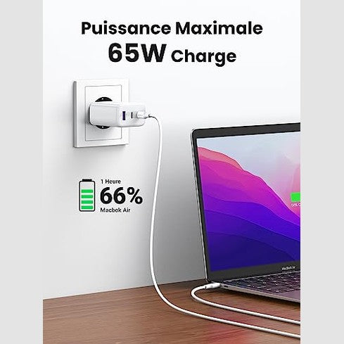 UGREEN - 65W USB C Fast Charger 3 Ports for iPhone, MacBook, Galaxy, Pixel White