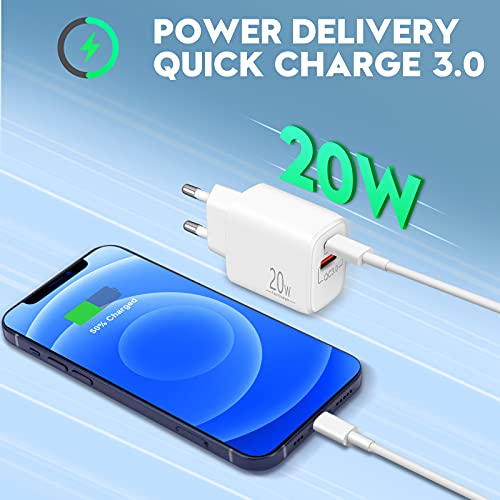 Luosike - 20W USB-C Power Adapter with Lightning Cable, Fast Charging for iPhone 14/13/12/11/Pro/Max/Mini/SE/XS/X/8/Plus