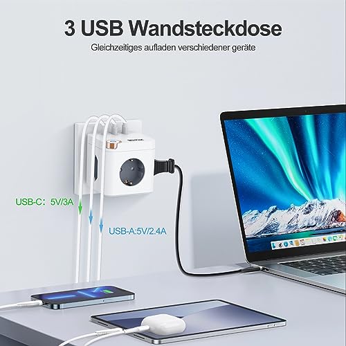 Cube - Cordless 3 Way Power Strip with USB C, 6 in 1 Adapter for Home & Travel