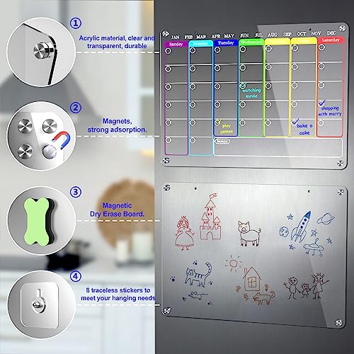 Magnetic Calendar - Set of 2 Acrylic Dry Erase Boards for Refrigerator, 16 x 12 Inches
