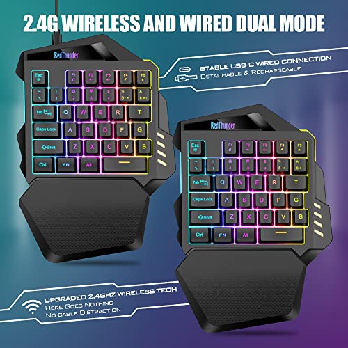 RedThunder G60 Wireless RGB Gaming Keyboard - One-Handed, 35-Key, Ergonomic with Non-Slip Hand Rest, Rechargeable 2000mAh, Compatible with PC, PS4, PS5, Xbox One