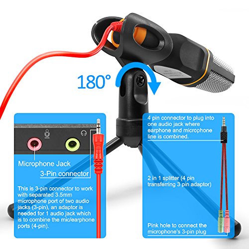 Exxelo - Studio Condenser Microphone with Holder Stand Clip for PC and Laptop Streaming