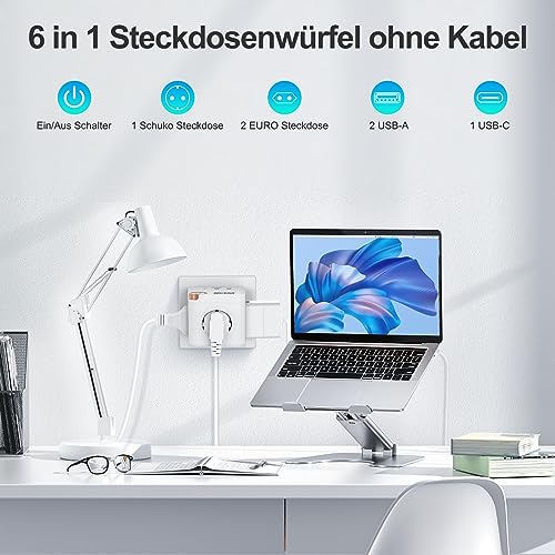 Cube - Cordless 3 Way Power Strip with USB C, 6 in 1 Adapter for Home & Travel