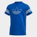 Blue Adidas t-shirt with white stripes on the sleeves and a logo on the chest