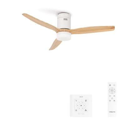 Efficient 6-speed DC motor ceiling fan with natural wooden wings and integrated light, ideal for bedrooms, ultra-quiet with remote and wall switch control.