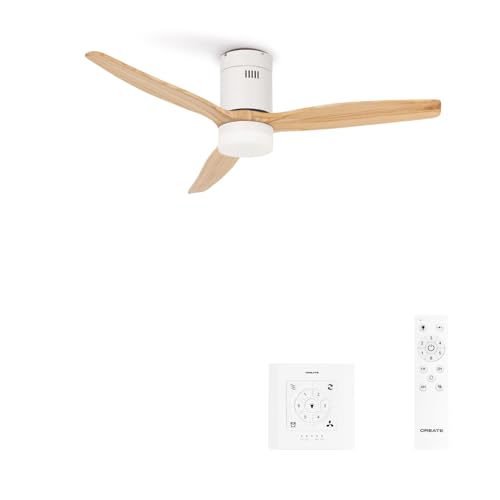 Efficient 6-speed DC motor ceiling fan with natural wooden wings and integrated light, ideal for bedrooms, ultra-quiet with remote and wall switch control.