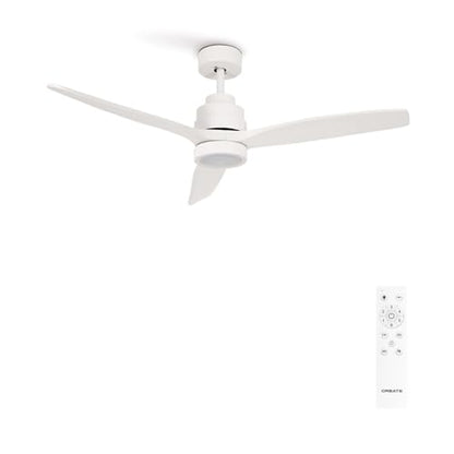 White Windstylance Ceiling Fan with Quiet DC Motor, 132cm, 6 Speeds, Remote Control, Timer, and Dual Mode Lighting. Perfect for Bedrooms.