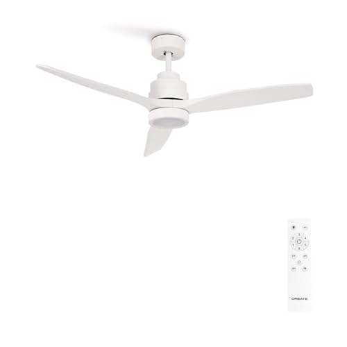 White Windstylance Ceiling Fan with Quiet DC Motor, 132cm, 6 Speeds, Remote Control, Timer, and Dual Mode Lighting. Perfect for Bedrooms.