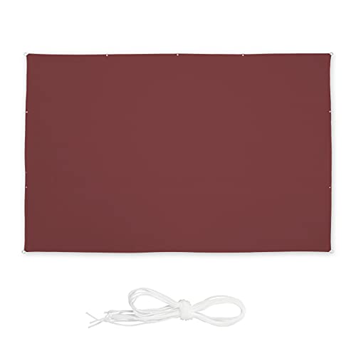 Red rectangle sun shade sail measuring 5 by 7 meters designed for outdoor use featuring waterproof and UV blocking properties includes turnbuckles for easy installation