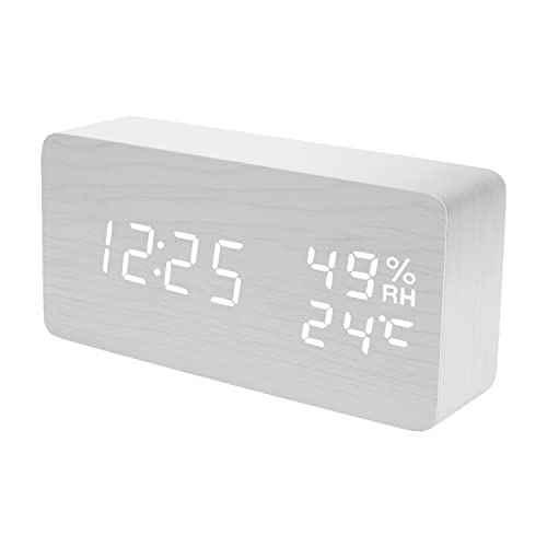 Wooden digital alarm clock designed for bedrooms featuring a modern LED display that shows time, temperature, and humidity. The clock includes a snooze function and adjustable brightness, suitable for kids, teens, and home office use, presented in a white finish.