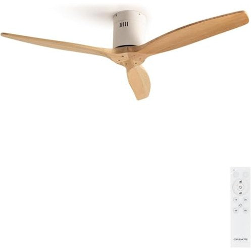 Create - Windcalm White Ceiling Fan, Natural Wood, Remote Control, 40W, Quiet, Ø132cm, 6 Speeds, Summer-Winter Mode