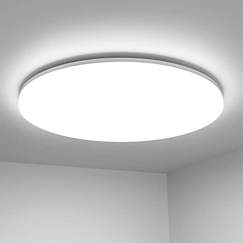 Bright LED ceiling light with a 24W power and 2400 lumens output, featuring a waterproof design rated IP54, daylight white color temperature of 5000K, large flush mount style suitable for living rooms, kitchens, hallways, and outdoor porches, measuring 28 centimeters in diameter.