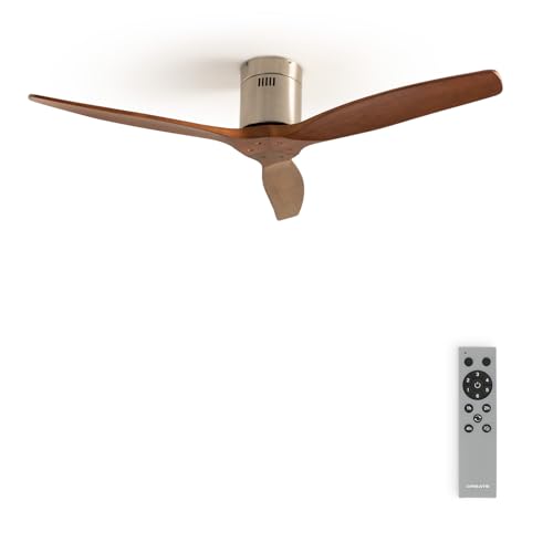 Experience ultimate comfort with the Windcalm DC Ceiling Fan. Features a silent 40W motor, 6 speeds, remote control, timer, and reversible summer-winter mode. Stylish dark wood blades and nickel finish.
