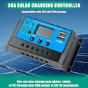 30A - PWM Solar Charge Controller, 12V/24V, USB, LCD Display, Multiple Modes