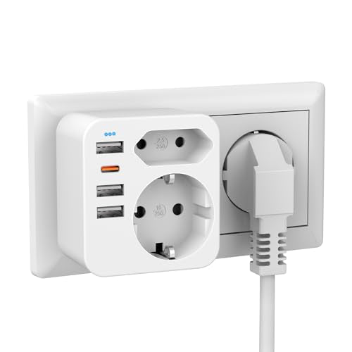 Acabuma Double Plug USB Socket with Type C and 3 USB Ports - Quick Charge 18W USB-A Port, 6-in-1 Socket with 2 Schuko Plugs, 1 Type C, 3 USB Ports.