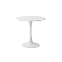 Modern white round dining table with a metal base, suitable for 2-4 people, featuring a minimalist design