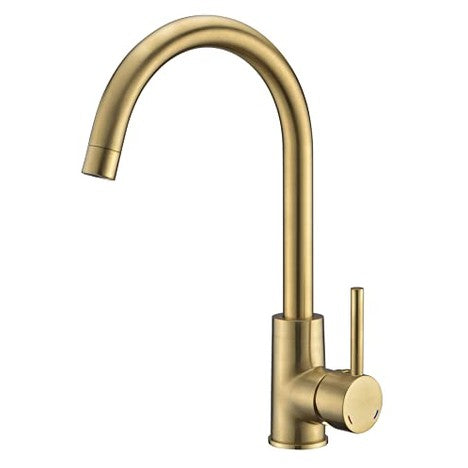 Brushed brass deck mount sink mixer by Edouard Rousseau, featuring a shiny finish, single handle for easy operation, and modern design with flow-reducing aerator for water savings.