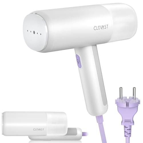 Foldable handheld garment steamer designed for travel, featuring a 1000W power output for quick 30-second heating, a 150ml water tank, and a brush attachment for effective wrinkle removal from clothes.