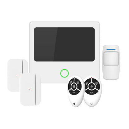 Daewoo Pack Alarme AM301 featuring a touchscreen central unit, motion detector suitable for pets, door contacts, remote controls, and secure remote monitoring system