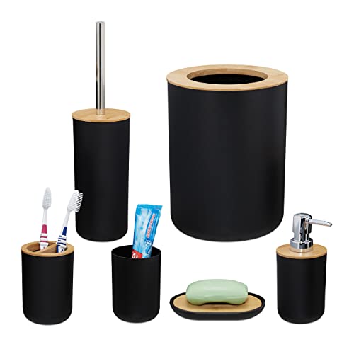 Relaxdays - 6 Piece Plastic Bamboo Bathroom Accessory Set, Black