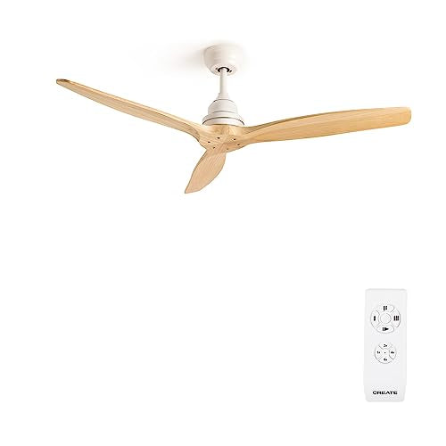 Experience refreshing breezes with the Windwood White Ceiling Fan by CREATE. Features natural wood blades, a quiet 75W motor, Ø132 cm span, 3 speed settings, timer, and dual mounting options. Modern design with remote control for