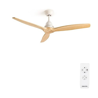 Experience refreshing breezes with the Windwood White Ceiling Fan by CREATE. Features natural wood blades, a quiet 75W motor, Ø132 cm span, 3 speed settings, timer, and dual mounting options. Modern design with remote control for