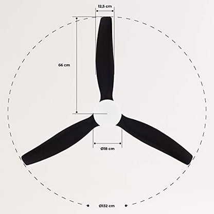 Create - Windcalm Ceiling Fan, Black, 132cm, 6-Speed, Remote & Wall Switch, Quiet DC Motor
