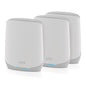 NETGEAR Orbi WiFi 6 Mesh WLAN System RBK763S featuring a main router and two satellite repeaters designed for extensive coverage up to 525 square meters supporting connectivity for up to 75 devices with speeds reaching AX5400 or 5.4 Gbps
