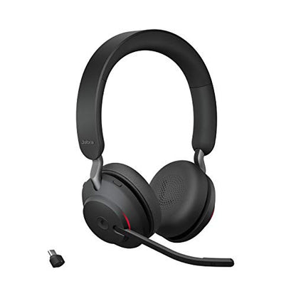 Black Jabra Evolve2 65 Wireless On-Ear Headset with USB-C Bluetooth Adapter, designed for noise isolation and long battery life of up to 37 hours, featuring three microphones for enhanced call quality and MS Teams certification.