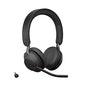 Black Jabra Evolve2 65 Wireless On-Ear Headset with USB-C Bluetooth Adapter, designed for noise isolation and long battery life of up to 37 hours, featuring three microphones for enhanced call quality and MS Teams certification.