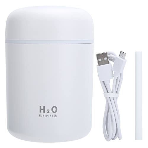 Colorful cool mini humidifier in white designed for personal use on a desktop or in a car, office, or bedroom. Features USB connectivity, auto shut-off, two mist modes, and operates quietly.