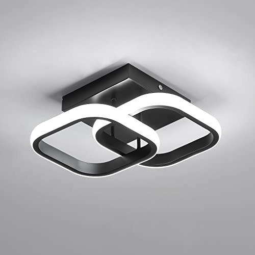 Modern LED ceiling light with a square design featuring 22W power and 6500K cool white illumination suitable for various spaces including corridors, bedrooms, kitchens, living rooms, dining rooms, entrances, and hallways. The fixture has a sleek black finish.