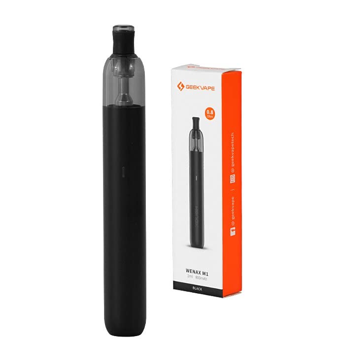 Black GeekVape Wenax M1 Kit featuring an 800mAh battery designed for use with 0.8ohm and 1.0ohm pod cartridges suitable for mouth-to-lung vaping without nicotine