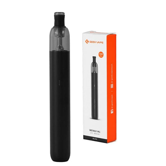 Black GeekVape Wenax M1 Kit featuring an 800mAh battery designed for use with 0.8ohm and 1.0ohm pod cartridges suitable for mouth-to-lung vaping without nicotine