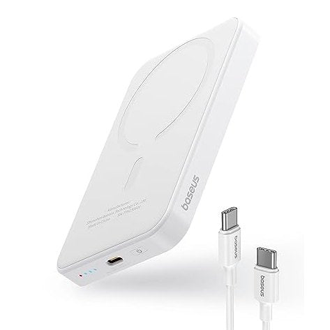 White Baseus battery pack designed for MagSafe, featuring a 5000mAh capacity, wireless portability, and PD 20W fast charging, compatible with iPhone 16, 16 Pro, 16 Pro Max, and iPhone 15, 14, 13, 12 series.