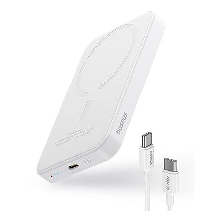White Baseus battery pack designed for MagSafe, featuring a 5000mAh capacity, wireless portability, and PD 20W fast charging, compatible with iPhone 16, 16 Pro, 16 Pro Max, and iPhone 15, 14, 13, 12 series.