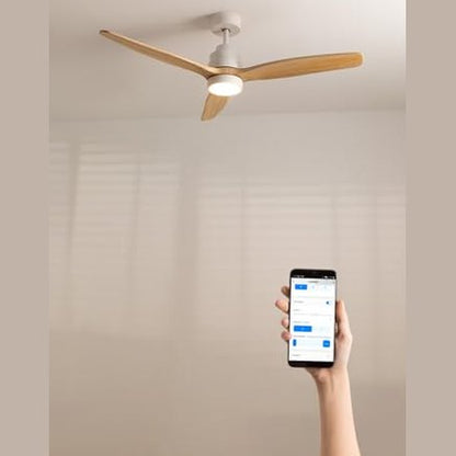 Create - WindStylance DC Ceiling Fan with Light, 40W, Natural Wood Blades, WiFi, Remote, Silent, 132cm, 6 Speeds, Timer, Dual Height, Reversible Motor