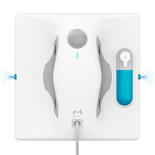 Hutt W8 window cleaning robot and mop designed for various surfaces including tiles and mirrors featuring strong suction power, dual spray system, a water tank capacity of 80 ml, advanced path planning technology, laser sensors for navigation, a long power cable measuring 6.3 meters, and remote control functionality