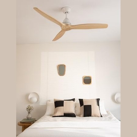 Create - Windwood White Ceiling Fan, Natural Wood Blades, 75W, Quiet, Ø132 cm, 3 Speeds, Timer, Dual Heights