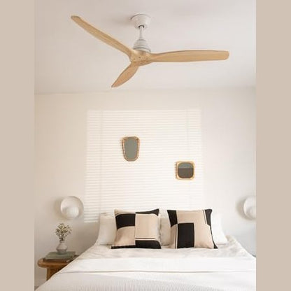 Create - Windwood White Ceiling Fan, Natural Wood Blades, 75W, Quiet, Ø132 cm, 3 Speeds, Timer, Dual Heights