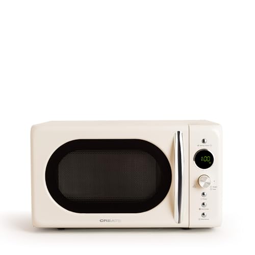 Elevate your kitchen with the Create Retro Digital Microwave. Features grill function, autocook, and stylish cream white design. Ideal for cooking, grilling, and defrosting.