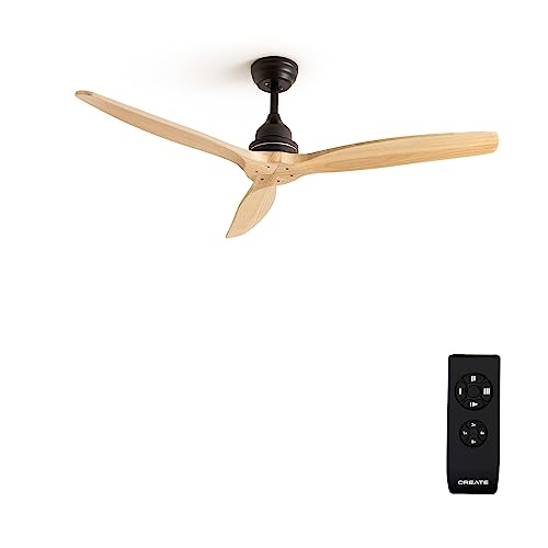 Modern 132cm Windwood Black Ceiling Fan features natural wood blades, quiet 75W motor, three speeds, timer, and remote control for effortless comfort and style.