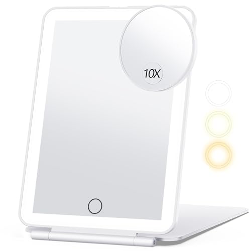 Rechargeable makeup mirror designed for travel featuring 80 LEDs and three color light settings with a 2000mAh battery, ultra-slim and portable for easy use on the go.
