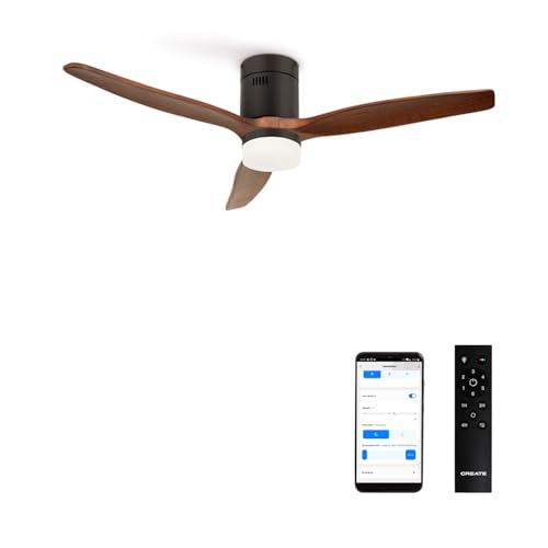 Experience ultimate comfort with the CREATE Windcalm Ceiling Fan: Wi-Fi enabled, remote-controlled, 6-speed DC motor, in stylish dark wood finish, perfect for bedrooms.